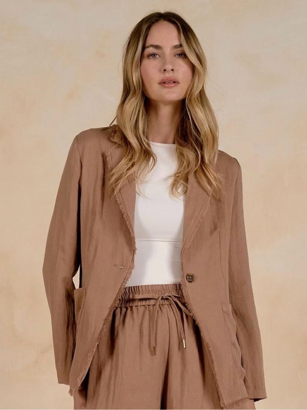 Elan Frayed-Edge Relaxed Blazer in Brown and Pants